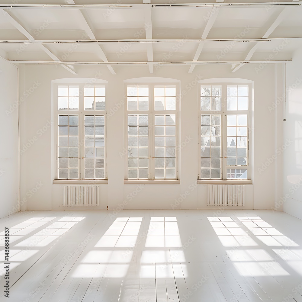 Fototapeta premium Bright, empty white room with large windows casting long shadows on the wooden floor. Minimalist interior space, loft apartment, or studio concept. 