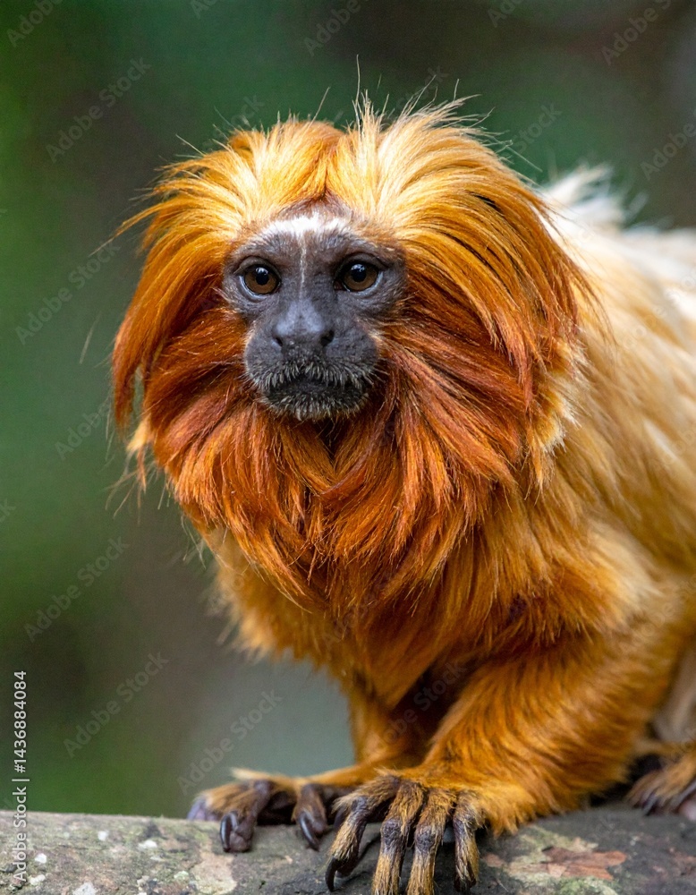 golden lion tamarin sit on the tree, there are green leaves around golden lion tamarin sit on the tree, there are green leaves around