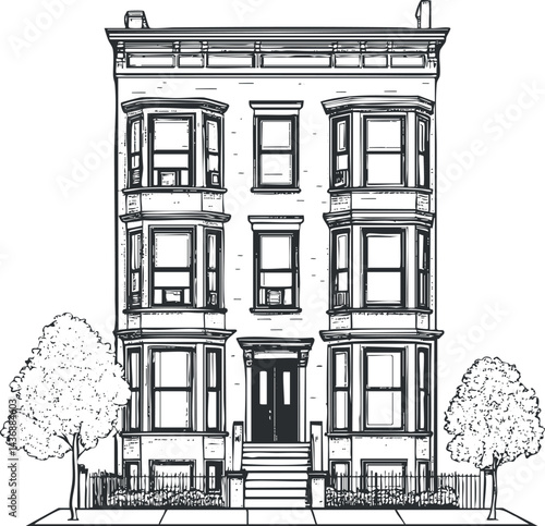 Black and white sketch of a multistory residential building with windows, stairs, and trees in front