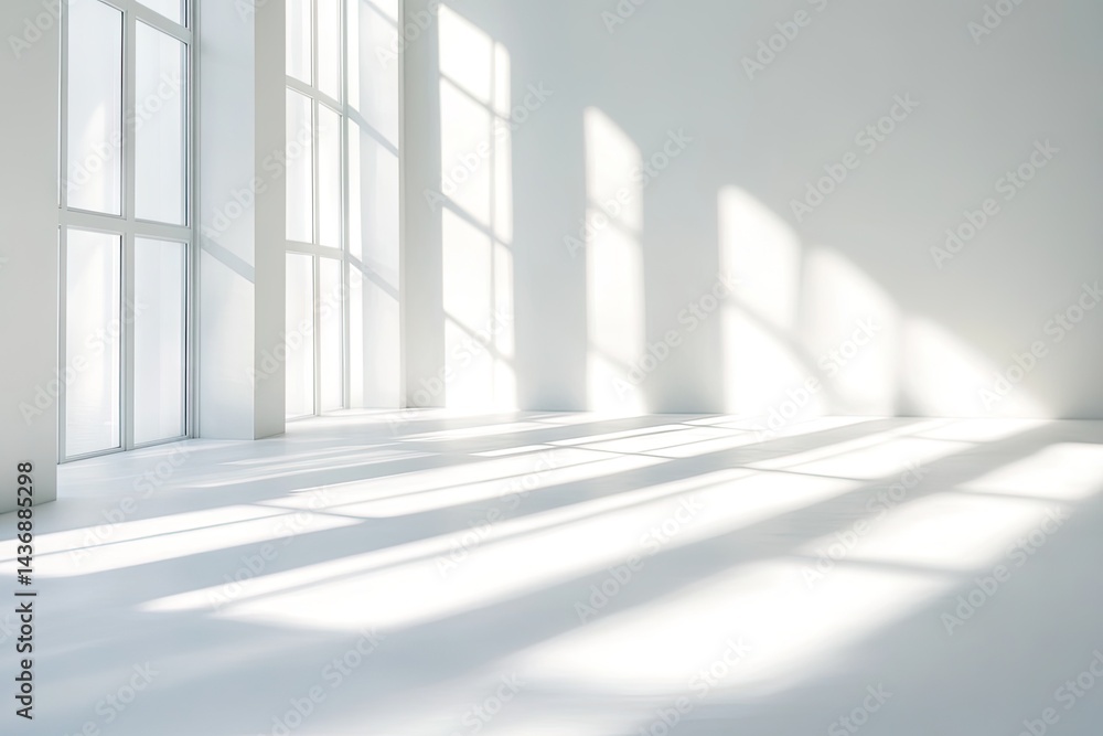 Fototapeta premium Empty, sunlit white room with large windows