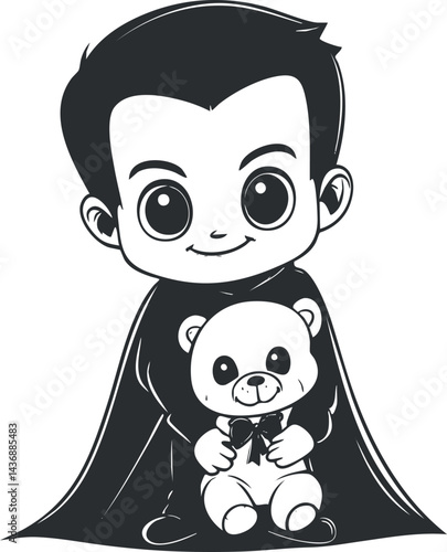 Cartoon illustration of a cute boy wearing a cape holding a teddy bear plush toy smiling