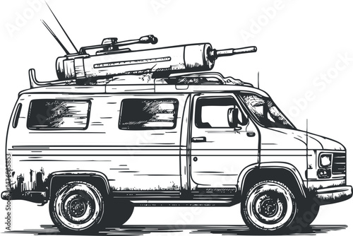 Black and white sketch of a van vehicle with equipment mounted on the roof for transportation purposes