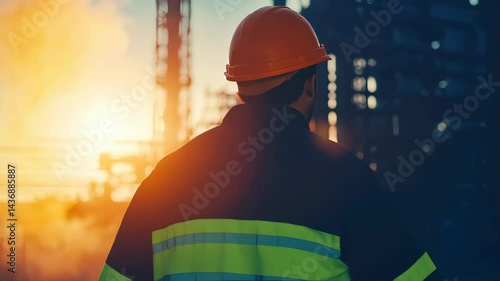 Silhouette of a Worker at Sunset in Industrial Environment