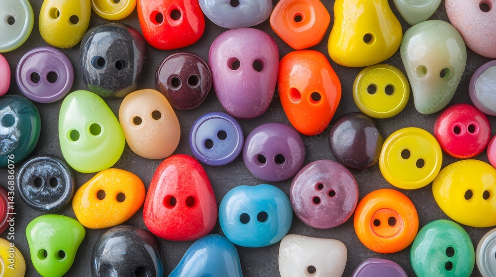 Flat lay background of diverse colorful plastic sewing buttons in various shapes sizes and textures concept Flat lay background of diverse colorful plastic sewing buttons in various shapes sizes and textures concept