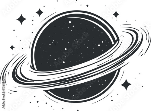 Black and white vector illustration of a ringed planet with stars in space background