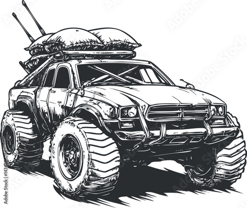 Black and white sketch of an offroad pickup truck with large tires carrying supplies on the roof.