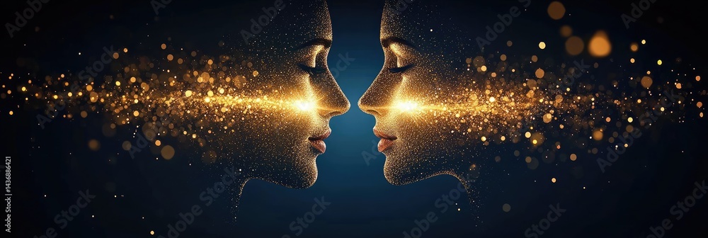 Fototapeta premium Golden Particle Faces: Connection and Energy in Abstract Art