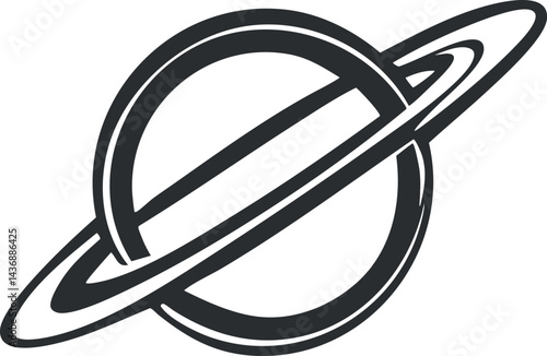 Black and white icon of a planet with a prominent ring around it representing a celestial body in space