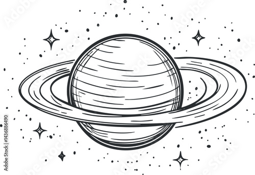Black and white sketch illustration of a ringed planet in outer space surrounded by stars and cosmic dust