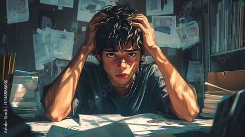 Frustrated young person hunched over a cluttered study desk.