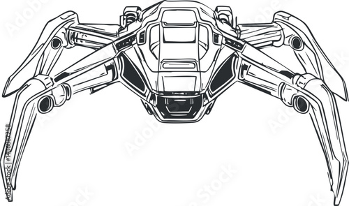 Black and white line art illustration of a futuristic sci-fi spaceship with mechanical legs and advanced technology