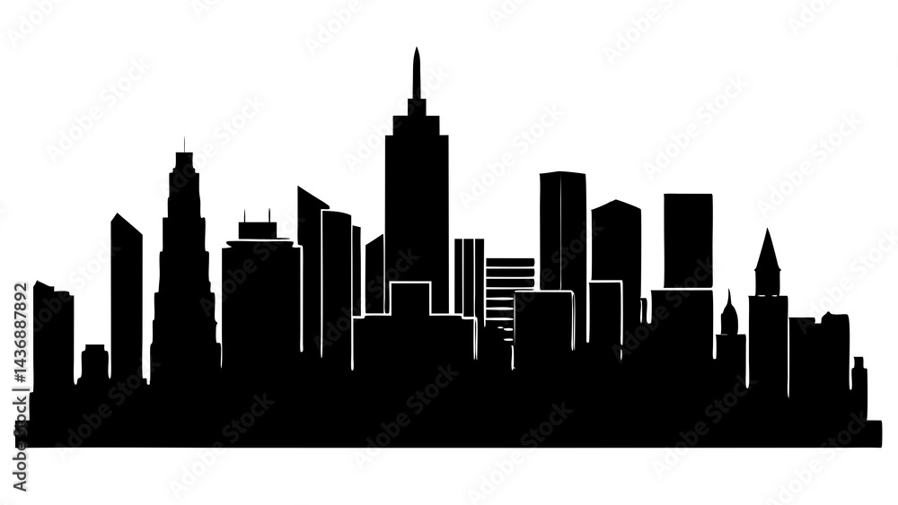 Fototapeta premium A minimalist black silhouette of a city skyline with various skyscrapers and buildings, conveying a sense of urban landscape and architecture 