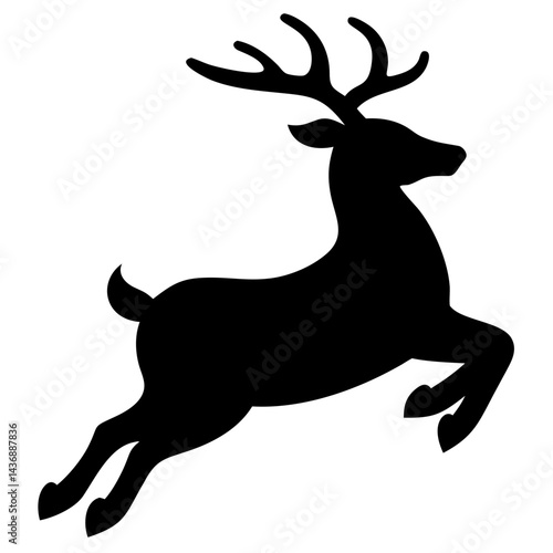 A dynamic silhouette of a reindeer leaping gracefully, its antlers proudly displayed against a clean white background