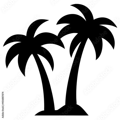 A graphic illustration of two black silhouette palm trees on a white background