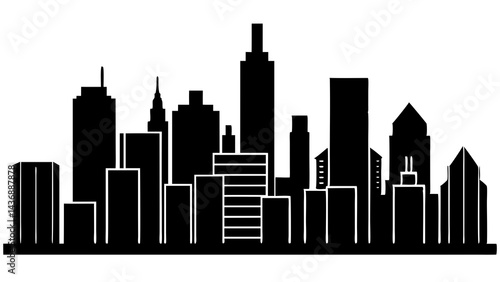  A minimalist black silhouette of a city skyline with various skyscrapers and buildings, conveying a sense of urban landscape and architecture 