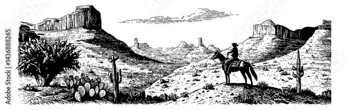 Vintage Illustration of a Cowboy on Horseback Riding through a Desert Landscape with Cacti and Mountains