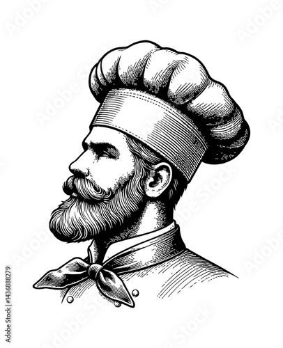 Chef with beard and mustache wearing chef hat with side view in detailed black and white line art