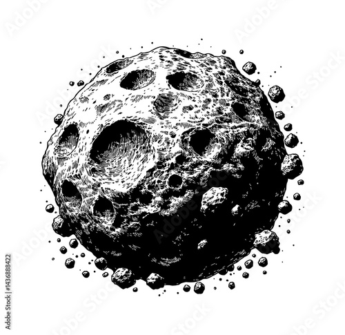 Detailed Black and White Engraving of an Asteroid with Craters and Small Rocks