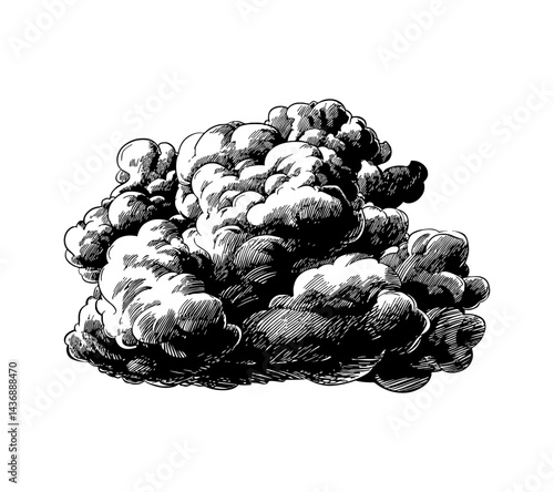 Detailed Ink Drawing of Cumulus Cloud Formation with Hatching and Shading on White Background