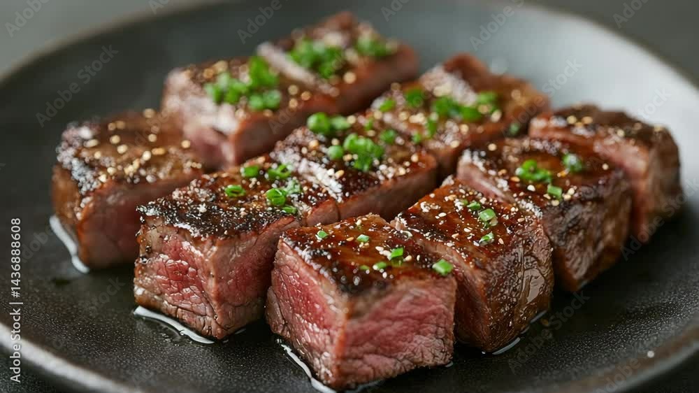 Grilled Cubed Meat Displayed On Plate Close-Up Grilled Cubed Meat Displayed On Plate Close-Up
