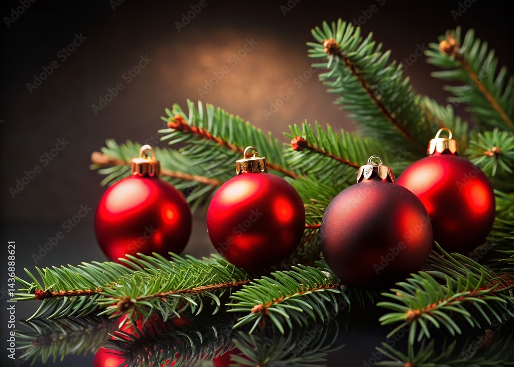Extreme Close-Up Christmas Background: Fir Branches & Red Baubles on Dark Extreme Close-Up Christmas Background: Fir Branches & Red Baubles on Dark