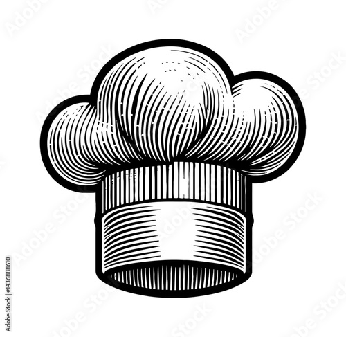 Engraved Chef's Hat with Detailed Lines in Vintage Black and White Illustration Style
