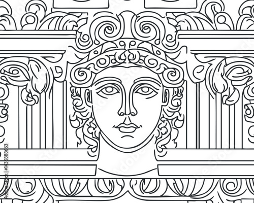 Line art illustration of an ancient classical architectural element featuring an ornamental carved head and decorative columns