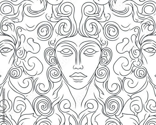 Abstract line art illustration of a woman's face with curly hair in a decorative pattern style