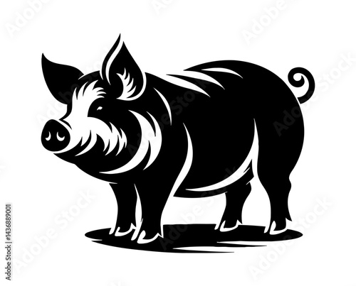 Standing Pig Illustration in Black and White Silhouette Style Vector Design