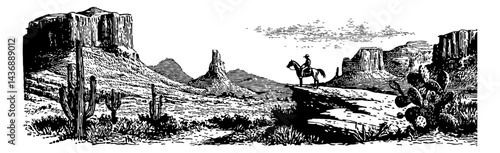 Lone Cowboy on Horseback Surveying Desert Landscape in Detailed Engraving Style Black and White