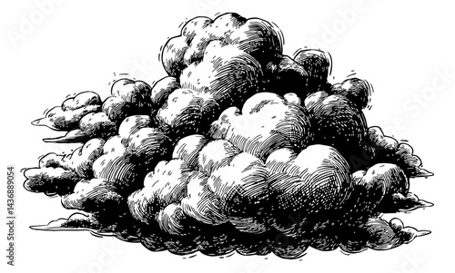 Detailed Hand Drawn Illustration of Cumulus Cloud in Black and White Engraving Style