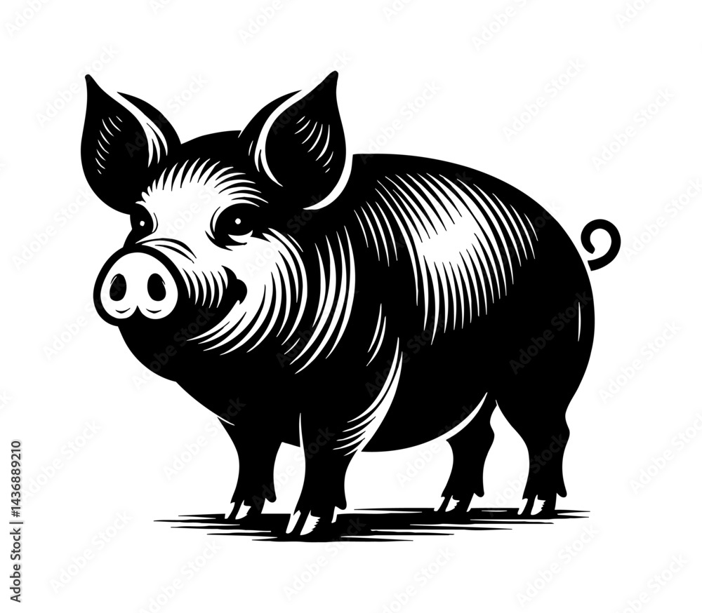 Fototapeta premium Isolated Black and White Illustration of a Pig Standing in a Simple Design