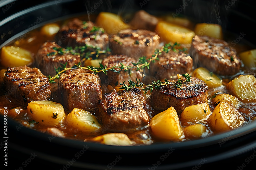 Tender beef stew with potatoes and herbs simmering in a black slow cooker, creating a warm atmosphere Tender beef stew with potatoes and herbs simmering in a black slow cooker, creating a warm atmosphere