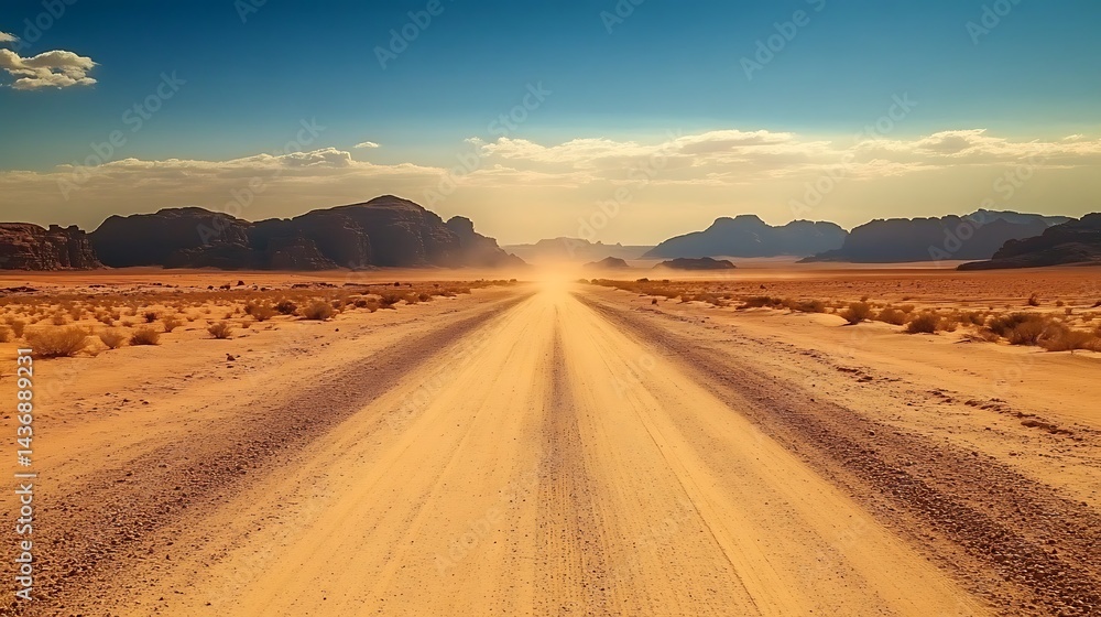 Fototapeta premium Dusty desert road extends into a vast horizon.
