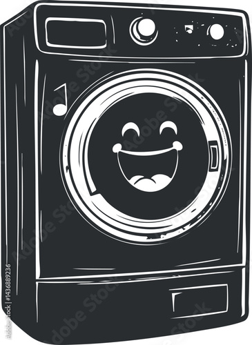 Black and white illustration of a front-loading washing machine with a happy smiling face on the door
