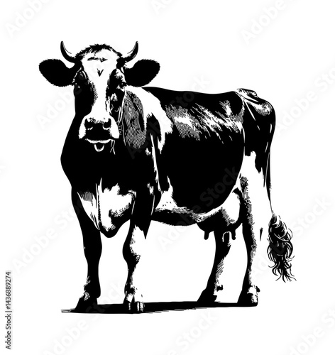 Standing Cow with Black and White Spots in Vector Illustration on White Background