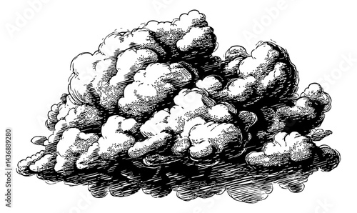 Detailed Black and White Engraving of Cumulus Cloud Formation Against White Background