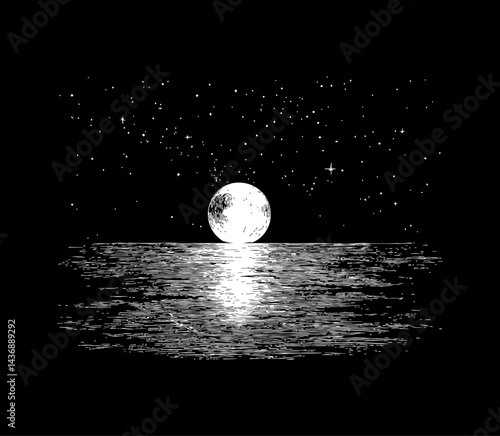 Full moon reflected on water with stars in night sky illustration engraving art