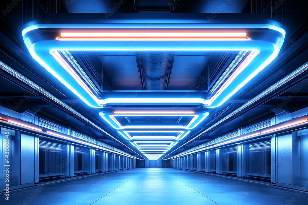 Naklejka premium Geometric Neon Corridor with Future Lighting for Technological Concepts