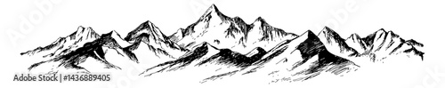 Black and White Sketch of Mountain Range Peaks with Detailed Line Art, Landscape View