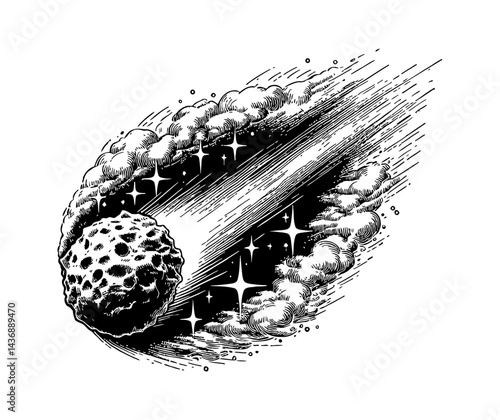 Detailed Engraving of a Comet or Meteor with Stars and Dust Trail in Black and White