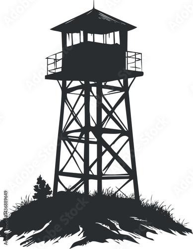 Silhouette of a wooden watchtower standing on a grassy hill with a tree nearby against white background