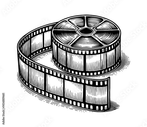 Film Reel in Engraved Style Showing Detailed Film Strip and Core Black and White Vector Graphic