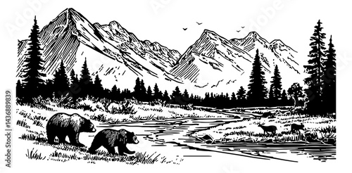 Mountain landscape with bears and deers in forest with river engraved drawing
