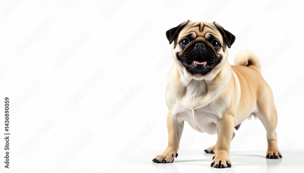 Obraz premium Playful pug standing, isolated on white background, friend, puppy, nose