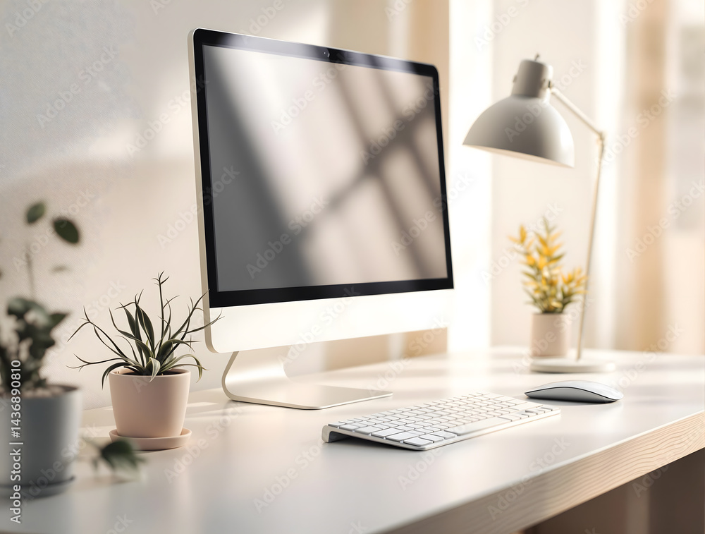 Obraz premium Modern Home Office Setup Desk, Computer, Plants, and Natural Light