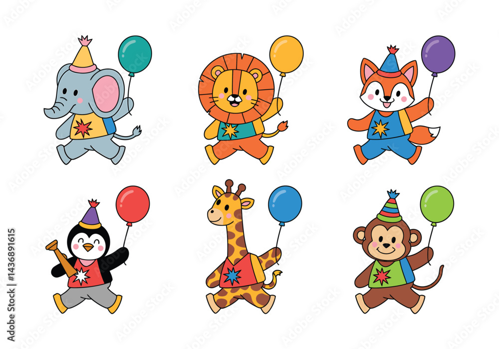 Naklejka premium Cute Party Animals Vector Set: Elephant, Lion, Fox More!