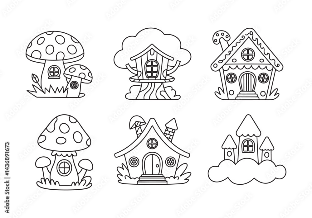 Whimsical Mushroom House Vector Set: Fantasy Homes Treehouse Whimsical Mushroom House Vector Set: Fantasy Homes Treehouse