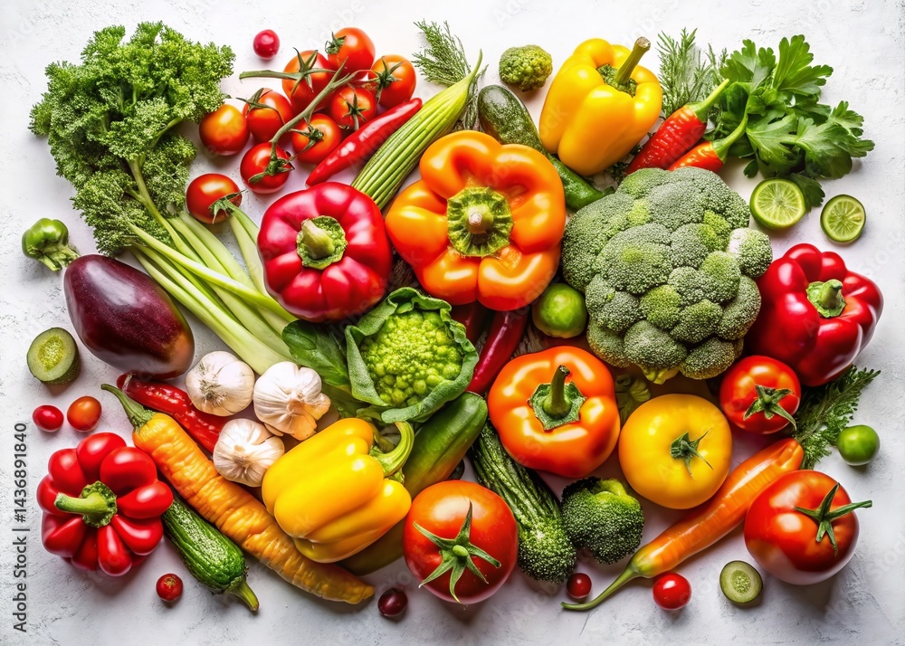 Fresh Assorted Vegetables Aerial View: Tomatoes, Cucumbers, Broccoli, Lettuce, Carrots & Peppers Fresh Assorted Vegetables Aerial View: Tomatoes, Cucumbers, Broccoli, Lettuce, Carrots & Peppers