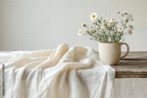 Simple rustic still life: White daisies in a beige mug on a linen-draped wooden table.